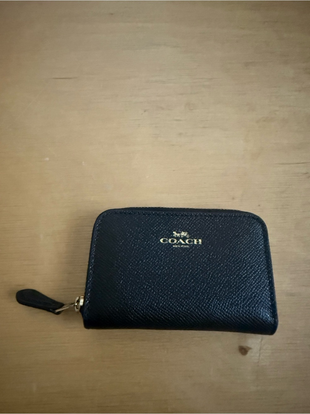 Coach Black Saffiano Leather Zip Card Holder with Gold Logo